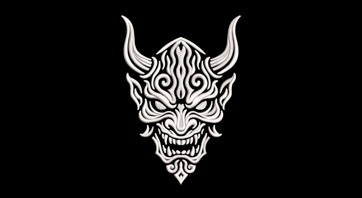 Japanese Red Oni Demon Mask Machine Embroidery Design