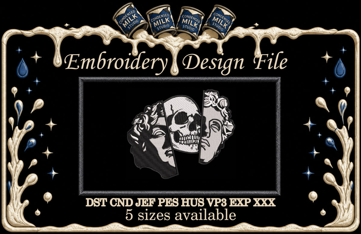 Split Greek Statue Skull Machine Embroidery Design - Dark Academia Bust Patch Digital File