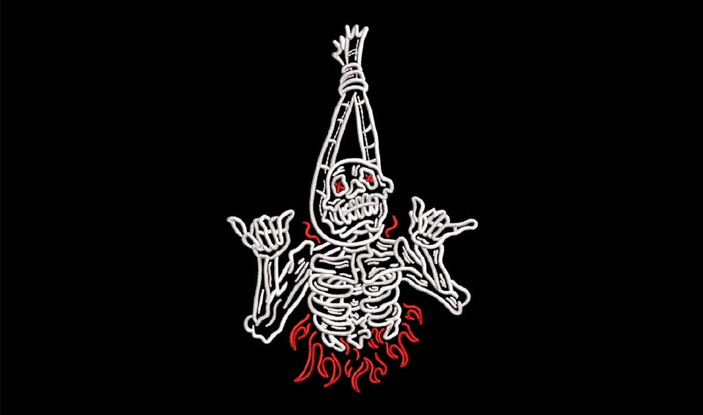 Rocker Skeleton in Flames Machine Embroidery Design