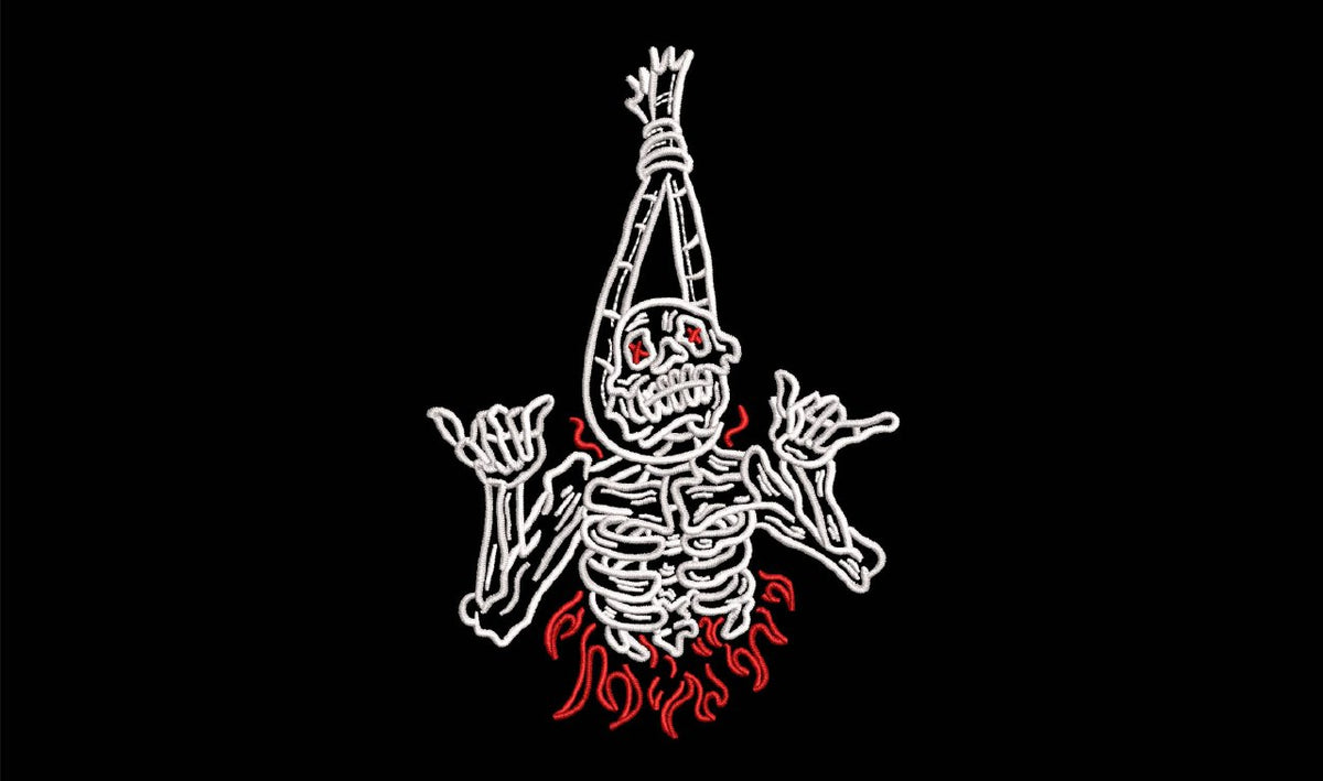 Rocker Skeleton in Flames Machine Embroidery Design