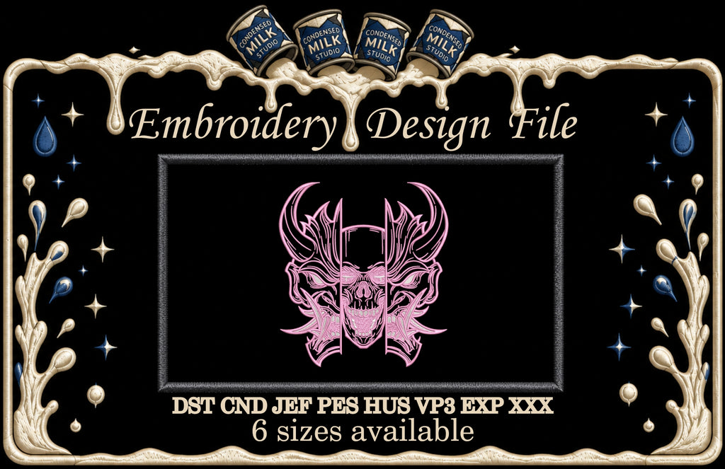 Japanese Oni Mask Split Skull Machine Embroidery Design - Cyberpunk Hannya Demon Patch Digital File