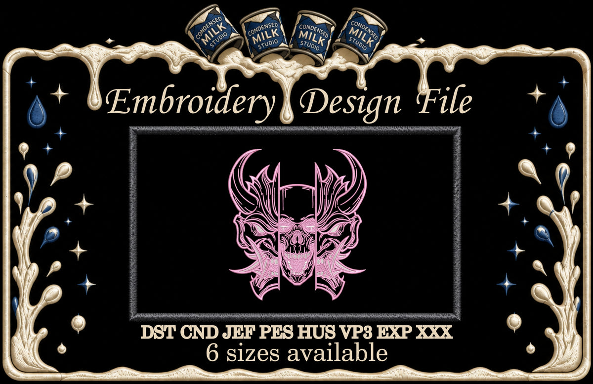 Japanese Oni Mask Split Skull Machine Embroidery Design - Cyberpunk Hannya Demon Patch Digital File