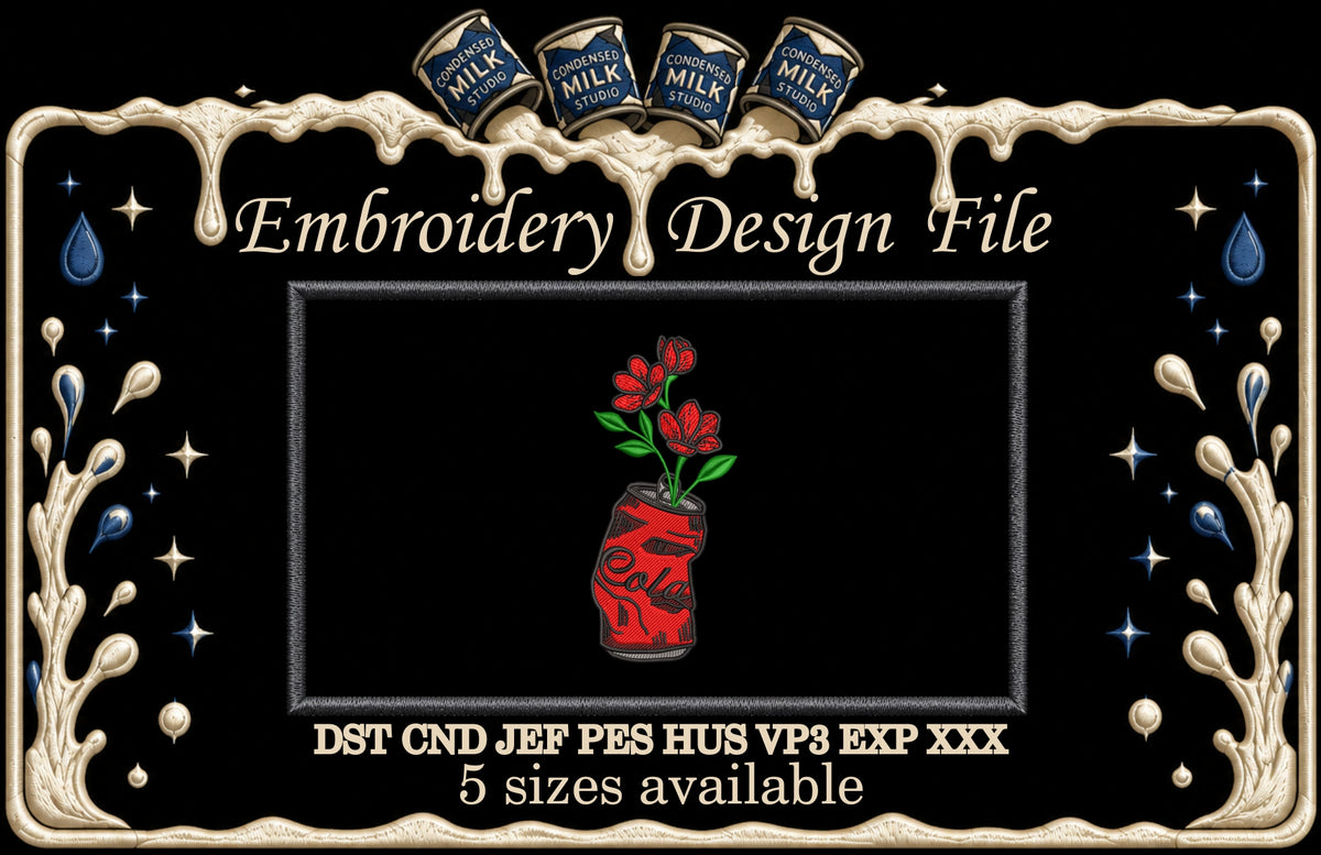 Crushed Soda Can Flowers Machine Embroidery Design - Aesthetic Soda Can Vase Patch Digital File