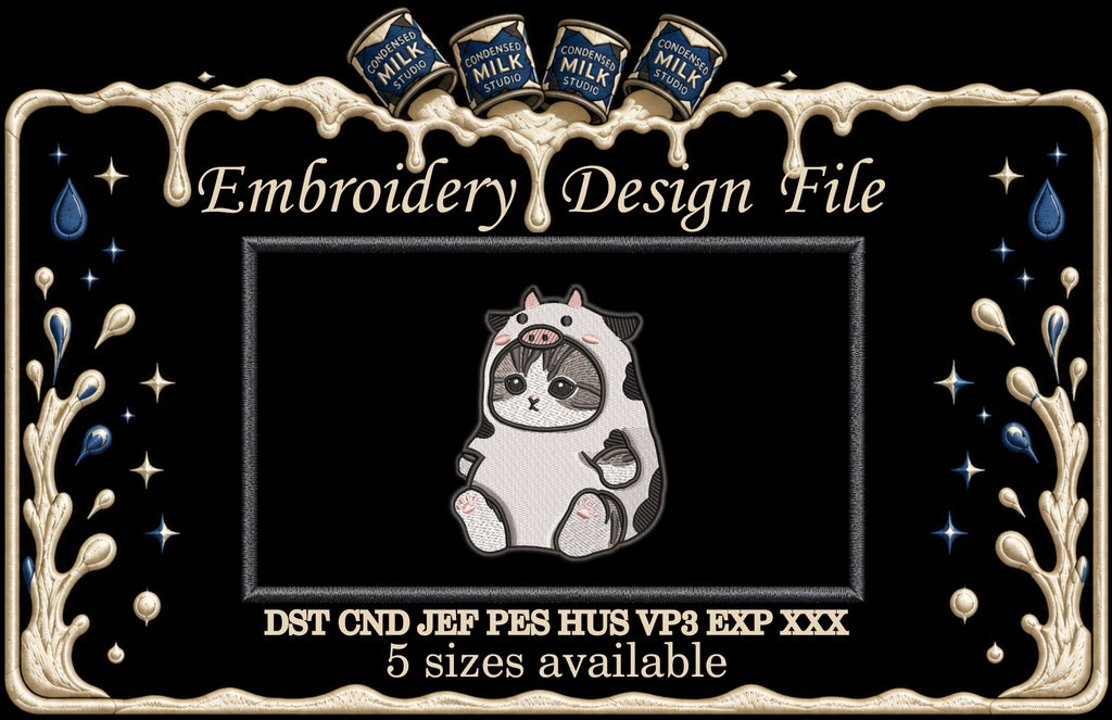 Cute Cat in Cow Costume Machine Embroidery Design - Kawaii Kitten Onesie Patch Digital File