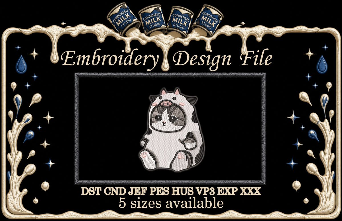 Cute Cat in Cow Costume Machine Embroidery Design - Kawaii Kitten Onesie Patch Digital File