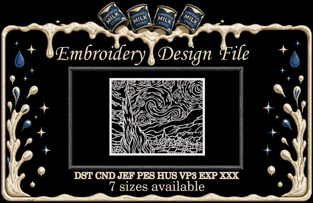 Van Gogh Starry Night Machine Embroidery Design - Famous Painting Linework Patch Digital File