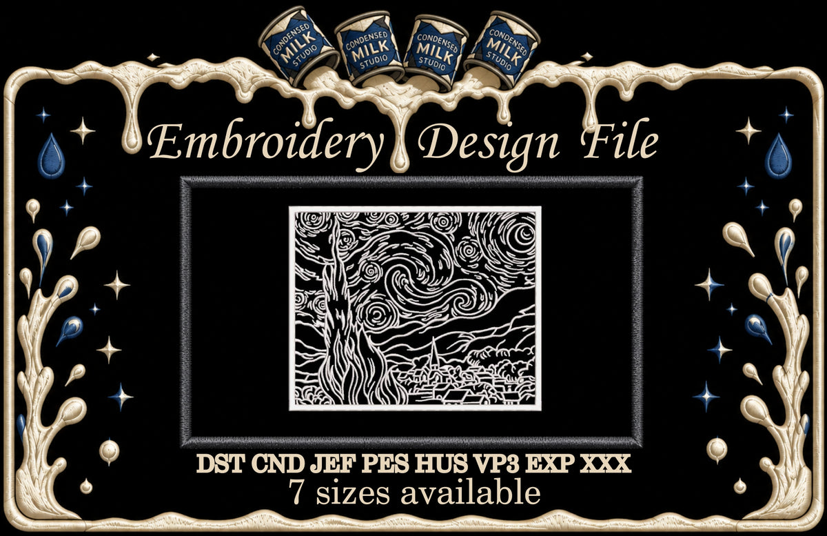 Van Gogh Starry Night Machine Embroidery Design - Famous Painting Linework Patch Digital File