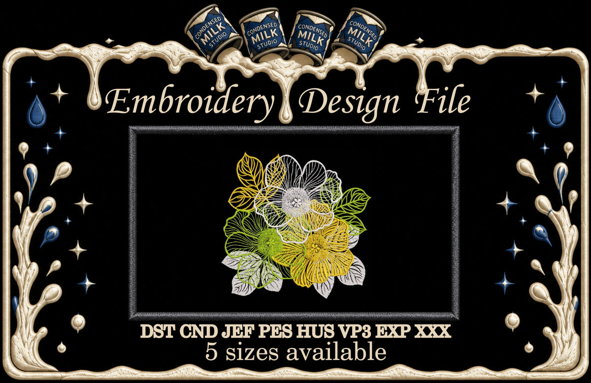 Elegant Floral Bouquet Machine Embroidery Design - Sheer Flower Lace Patch Digital File
