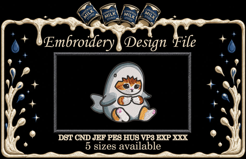 Cute Cat in Shark Costume Machine Embroidery Design - Kawaii Shark Cat Onesie Patch Digital File