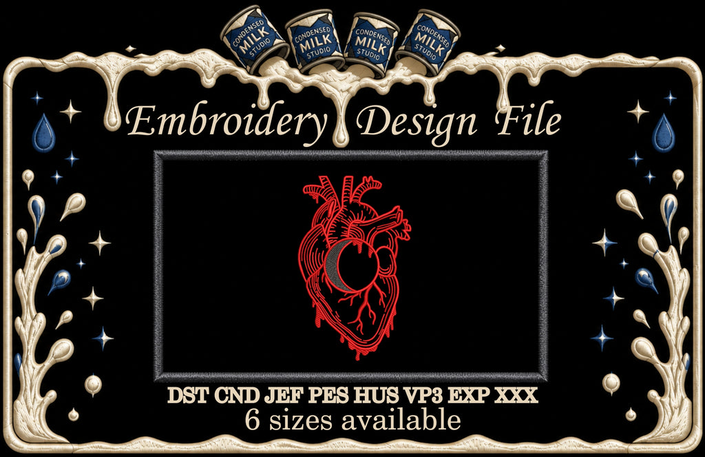 Anatomical Heart Crescent Moon Machine Embroidery Design