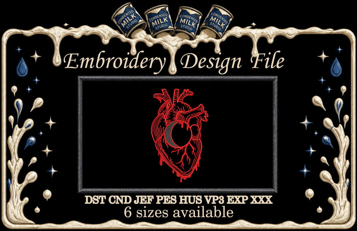 Anatomical Heart Crescent Moon Machine Embroidery Design