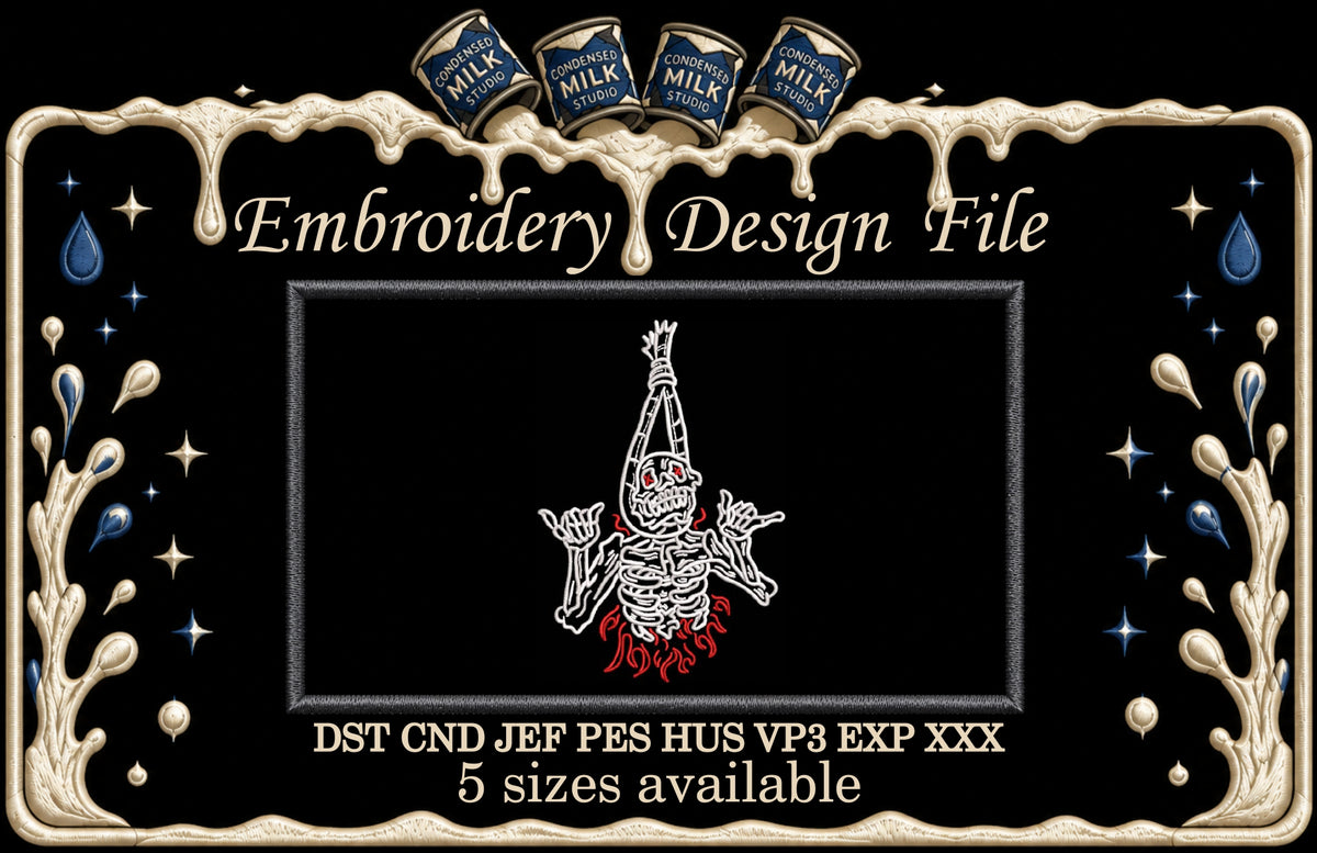 Rocker Skeleton in Flames Machine Embroidery Design