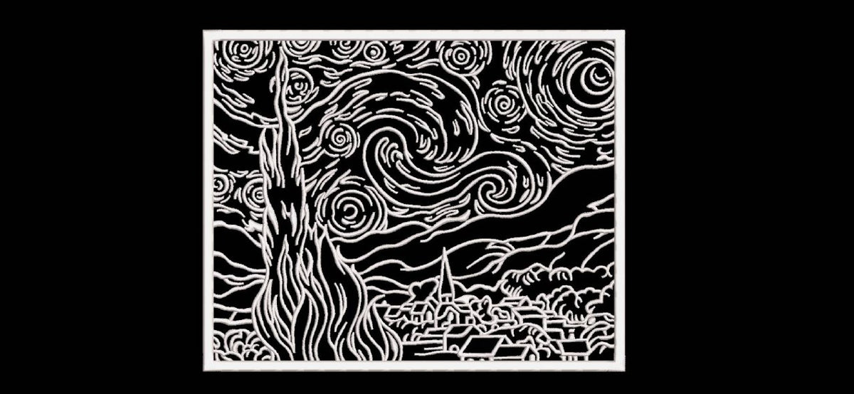 Van Gogh Starry Night Machine Embroidery Design - Famous Painting Linework Patch Digital File