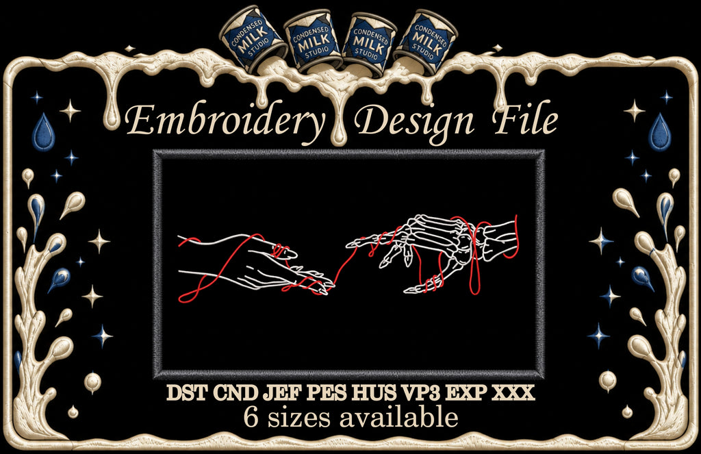 Red Thread of Fate Skeleton and Human Hands Machine Embroidery Design - Gothic Love Creation Linework Patch Digital File
