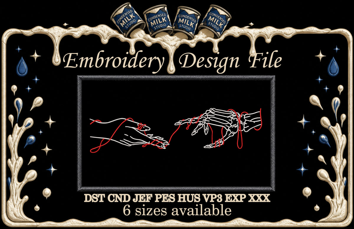 Red Thread of Fate Skeleton and Human Hands Machine Embroidery Design - Gothic Love Creation Linework Patch Digital File