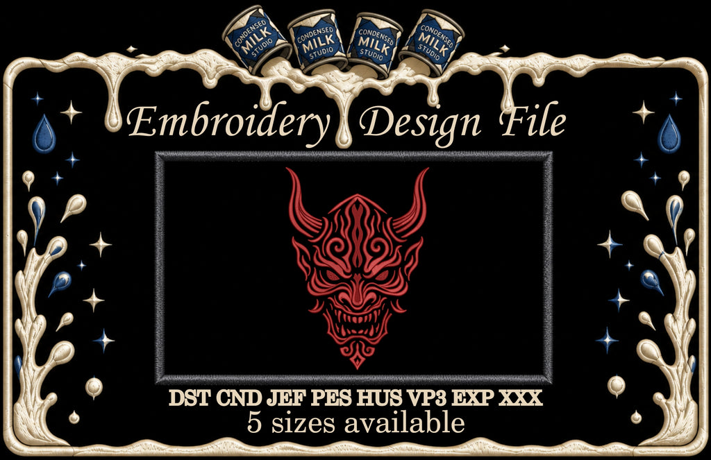 Japanese Red Oni Demon Mask Machine Embroidery Design