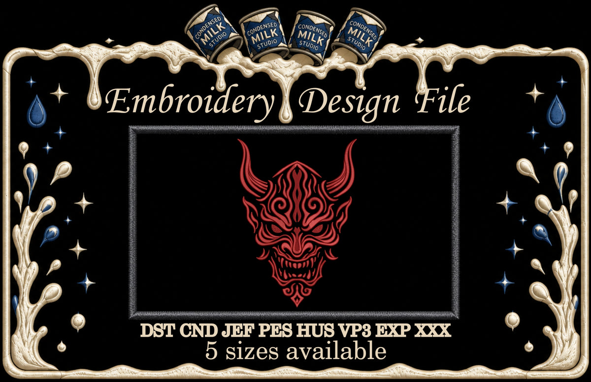 Japanese Red Oni Demon Mask Machine Embroidery Design