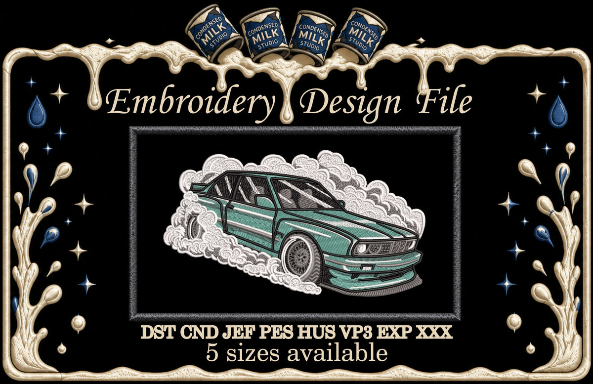 BMW E30 Drift Smoke Machine Embroidery Design - Retro Classic Car Patch Digital File