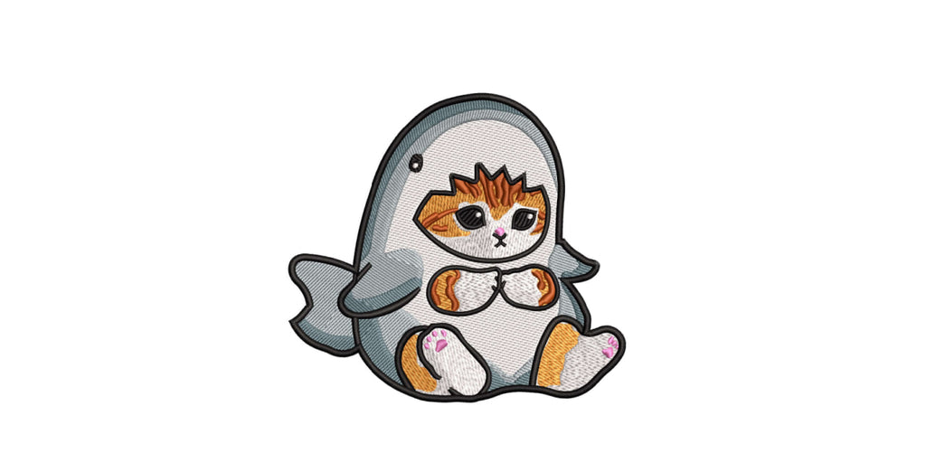 Cute Cat in Shark Costume Machine Embroidery Design - Kawaii Shark Cat Onesie Patch Digital File