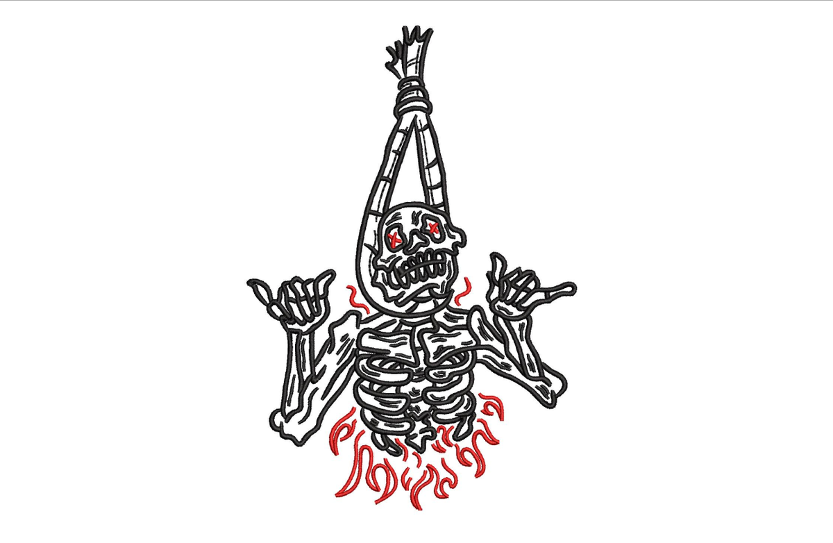 Rocker Skeleton in Flames Machine Embroidery Design