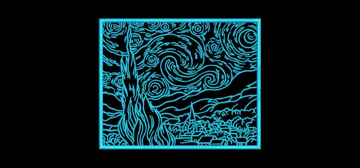 Van Gogh Starry Night Machine Embroidery Design - Famous Painting Linework Patch Digital File