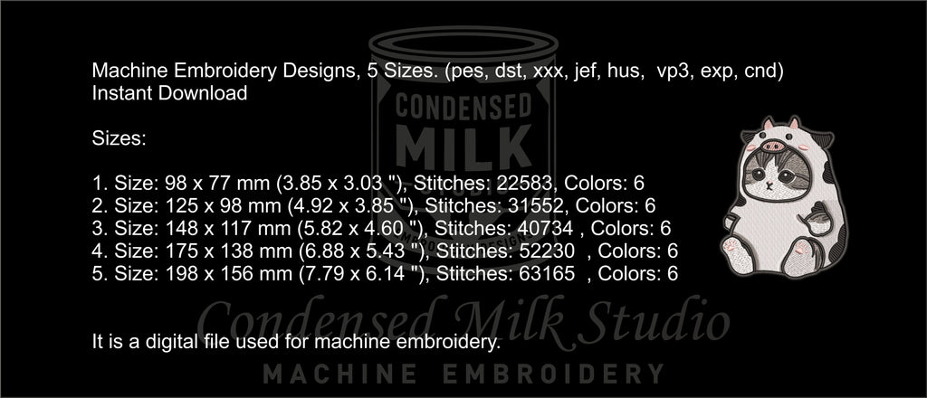Cute Cat in Cow Costume Machine Embroidery Design - Kawaii Kitten Onesie Patch Digital File