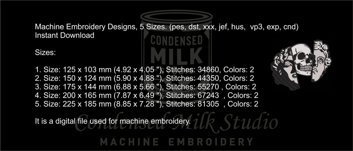 Split Greek Statue Skull Machine Embroidery Design - Dark Academia Bust Patch Digital File