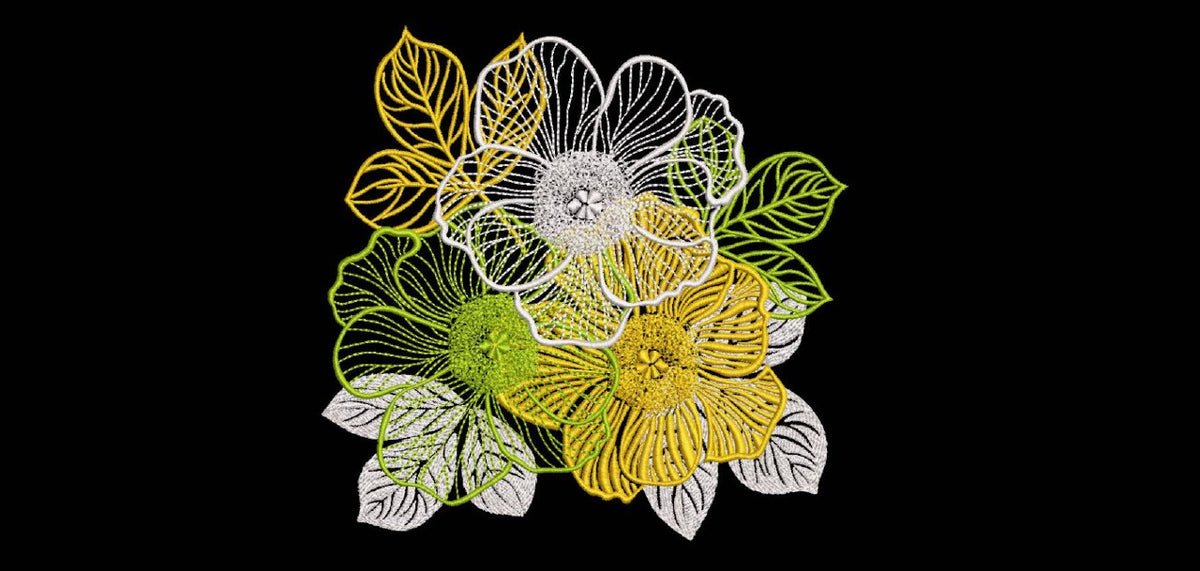 Elegant Floral Bouquet Machine Embroidery Design - Sheer Flower Lace Patch Digital File