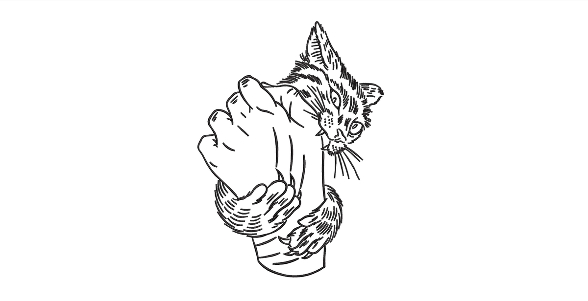 Angry Cat Biting Hand Machine Embroidery Design - Spicy Kitten Linework Patch Digital File
