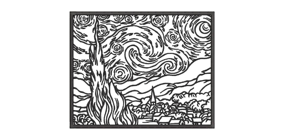 Van Gogh Starry Night Machine Embroidery Design - Famous Painting Linework Patch Digital File
