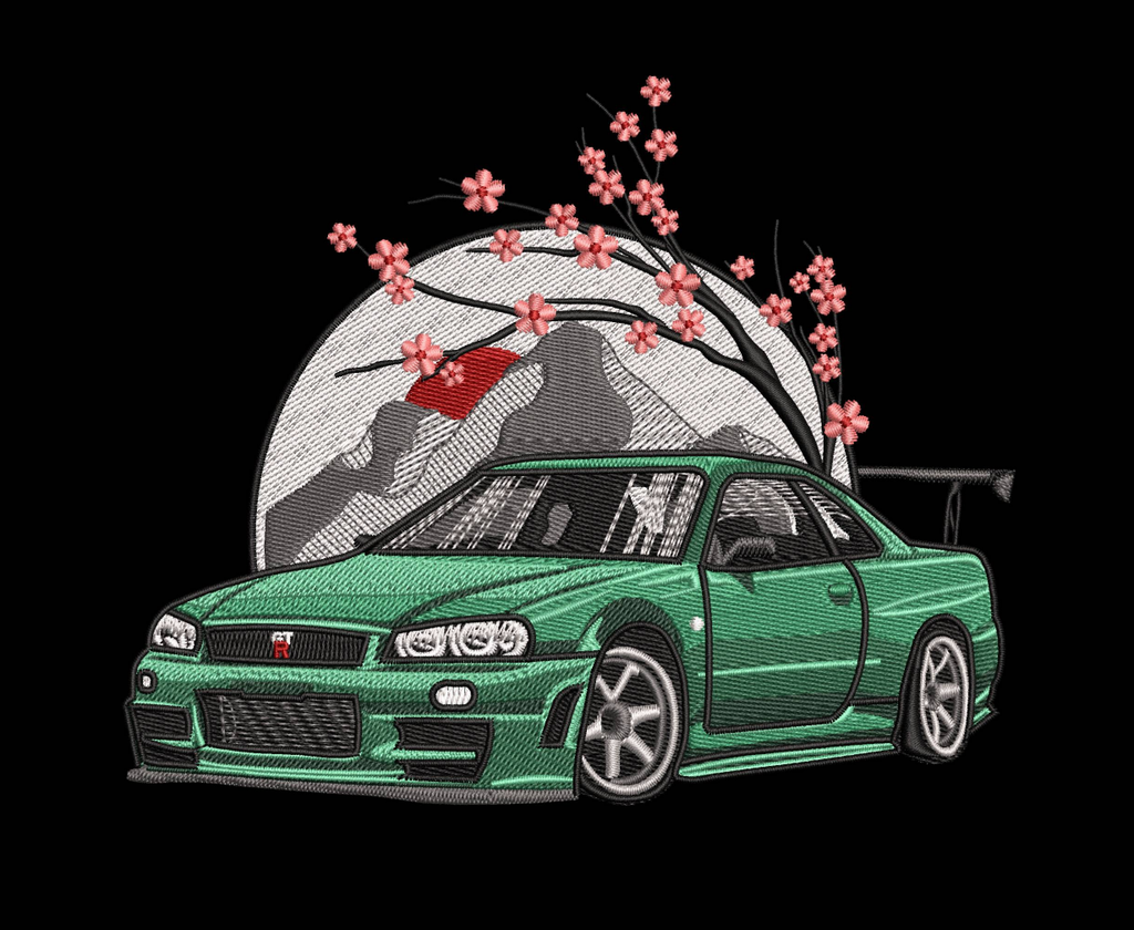 Nissan Skyline GTR R34 Sakura Machine Embroidery Design - JDM Car Fuji Patch Digital File
