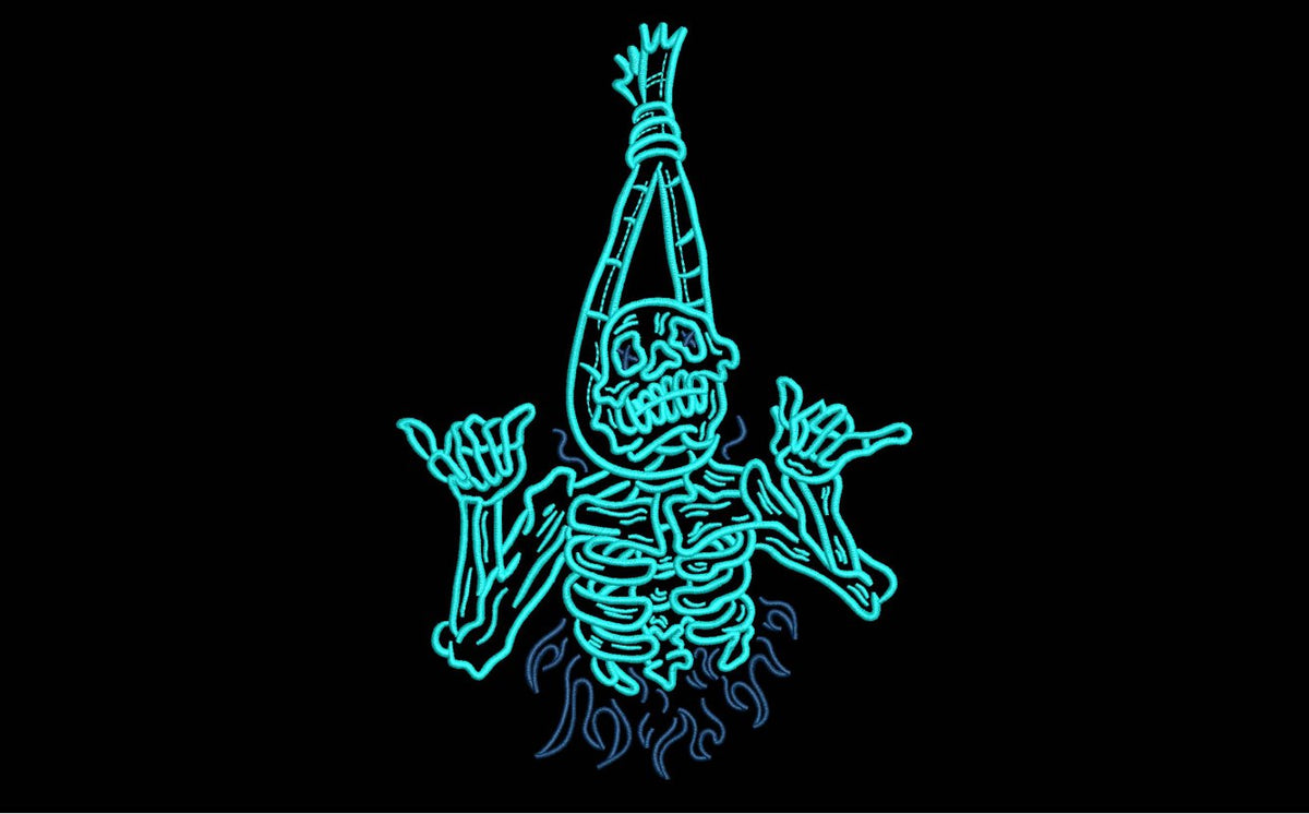 Rocker Skeleton in Flames Machine Embroidery Design
