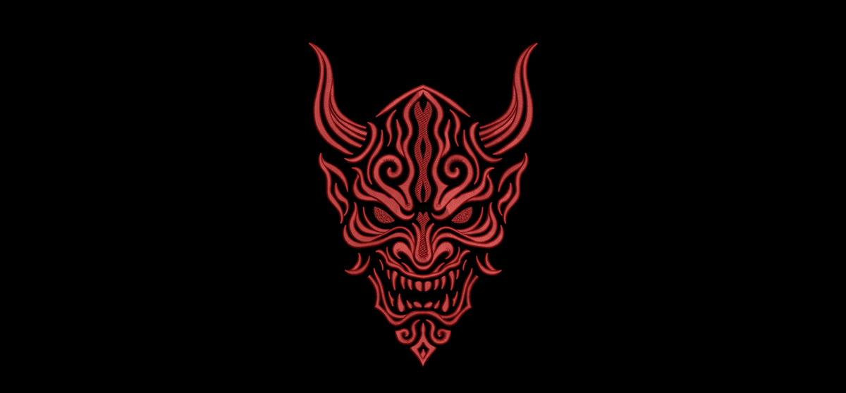 Japanese Red Oni Demon Mask Machine Embroidery Design