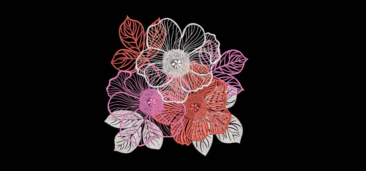 Elegant Floral Bouquet Machine Embroidery Design - Sheer Flower Lace Patch Digital File