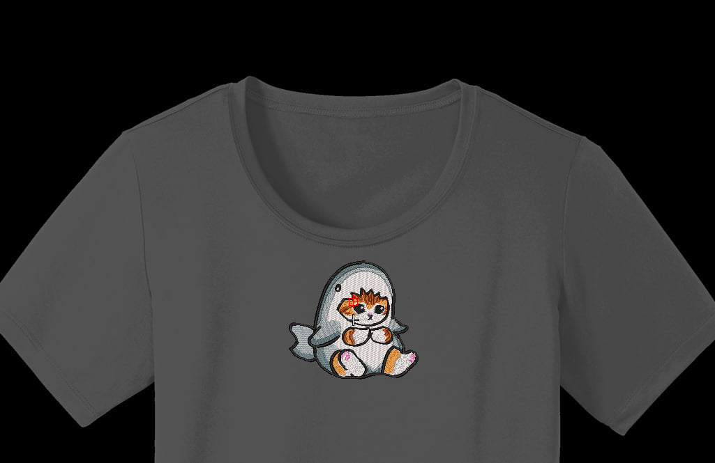 Cute Cat in Shark Costume Machine Embroidery Design - Kawaii Shark Cat Onesie Patch Digital File