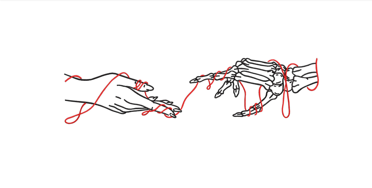 Red Thread of Fate Skeleton and Human Hands Machine Embroidery Design - Gothic Love Creation Linework Patch Digital File