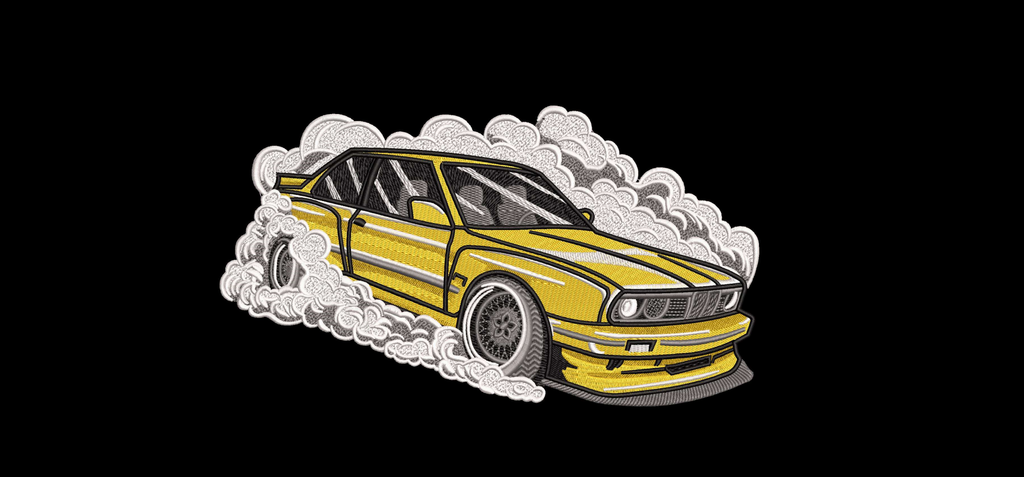 BMW E30 Drift Smoke Machine Embroidery Design - Retro Classic Car Patch Digital File