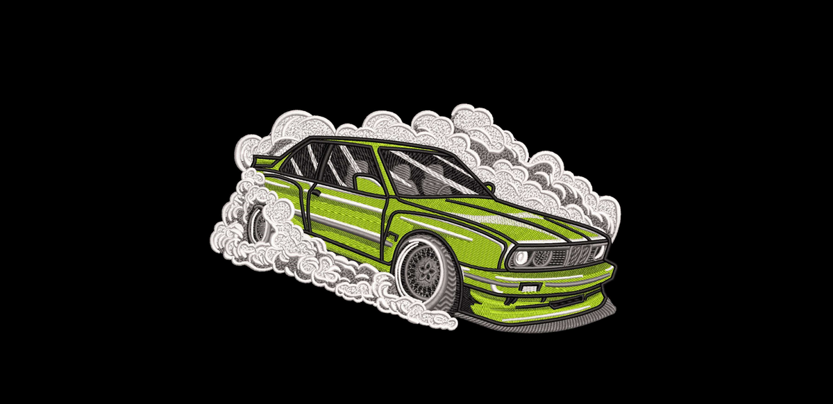 BMW E30 Drift Smoke Machine Embroidery Design - Retro Classic Car Patch Digital File