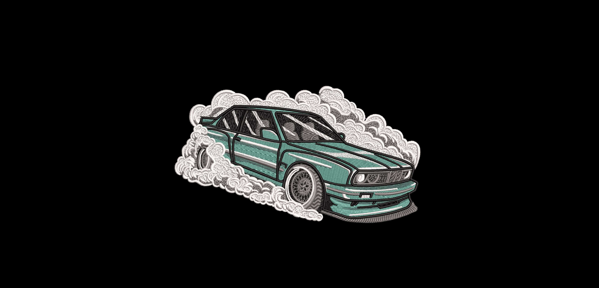 BMW E30 Drift Smoke Machine Embroidery Design - Retro Classic Car Patch Digital File