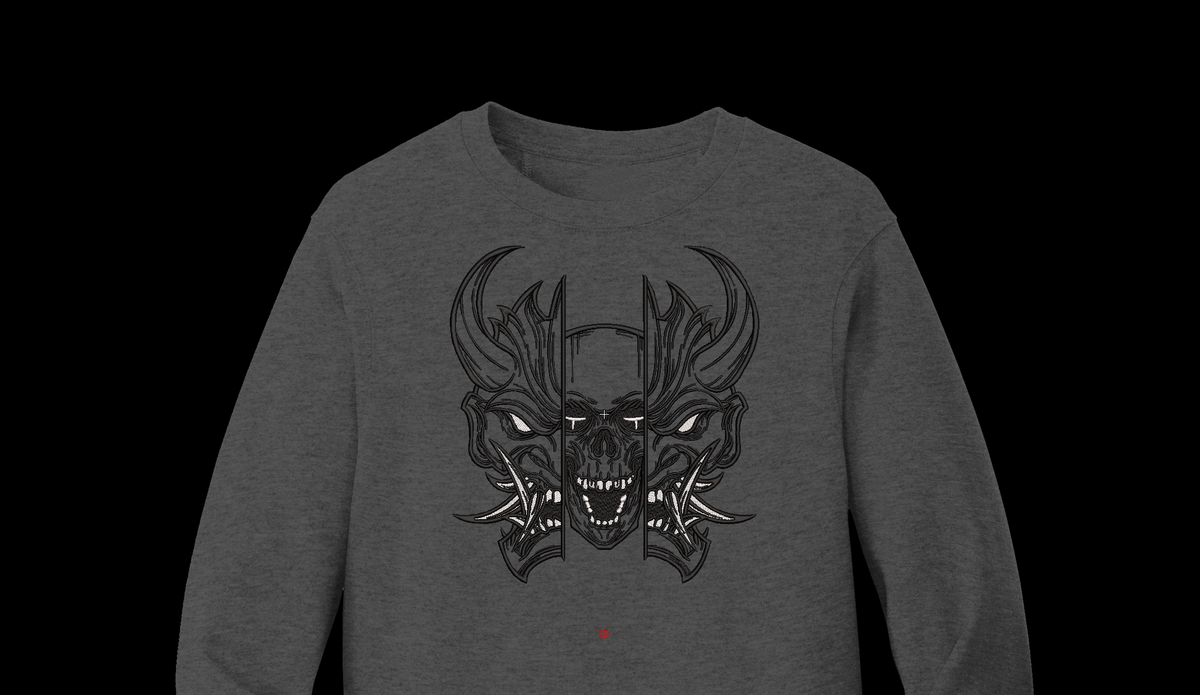 Japanese Oni Mask Split Skull Machine Embroidery Design - Cyberpunk Hannya Demon Patch Digital File