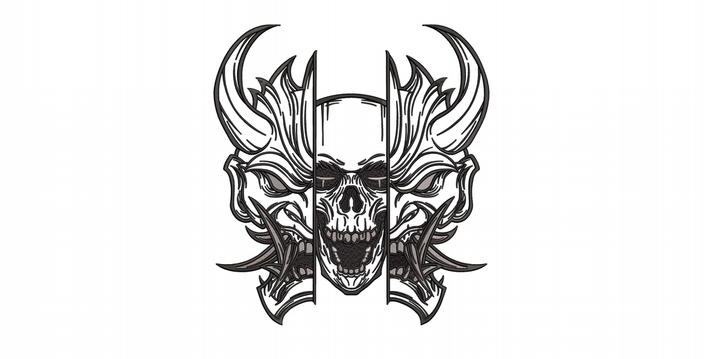 Japanese Oni Mask Split Skull Machine Embroidery Design - Cyberpunk Hannya Demon Patch Digital File