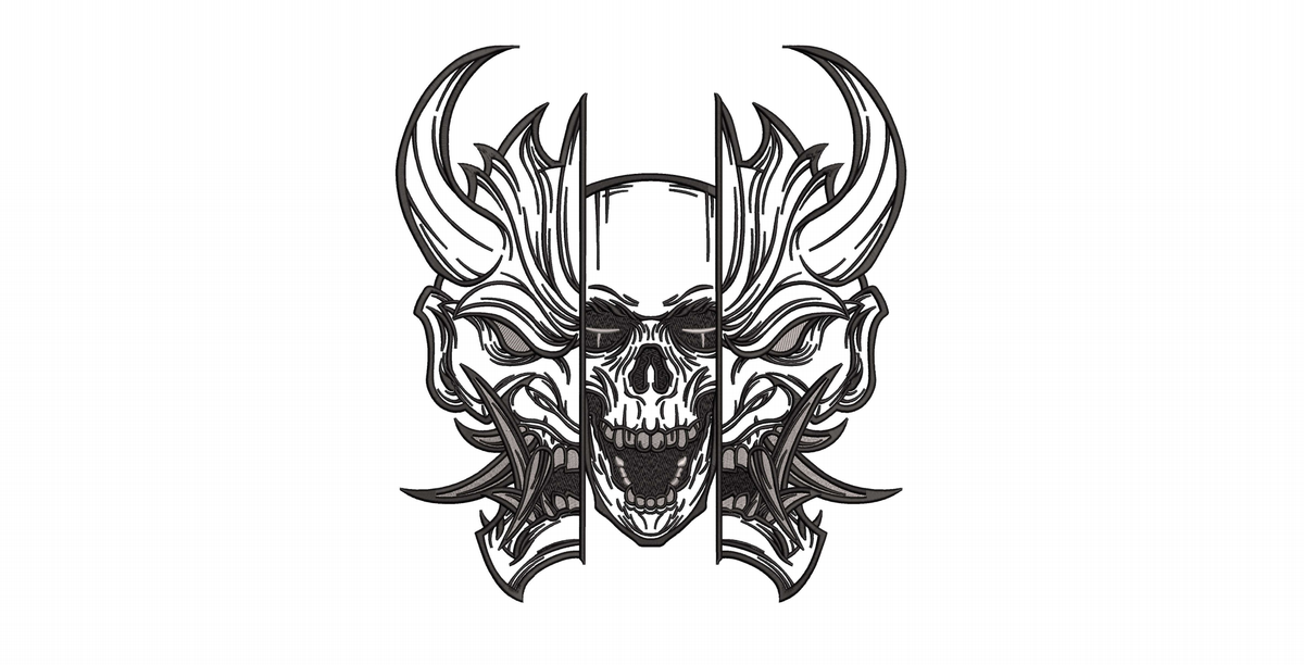 Japanese Oni Mask Split Skull Machine Embroidery Design - Cyberpunk Hannya Demon Patch Digital File