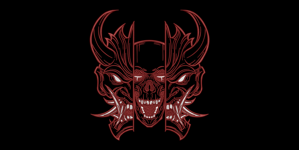 Japanese Oni Mask Split Skull Machine Embroidery Design - Cyberpunk Hannya Demon Patch Digital File