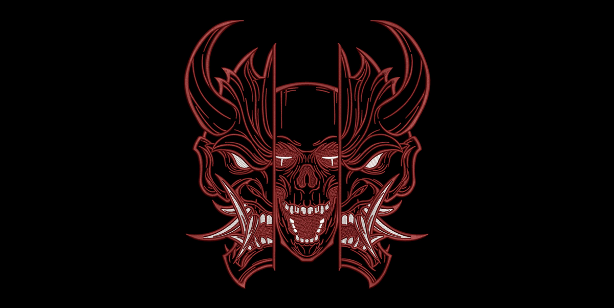 Japanese Oni Mask Split Skull Machine Embroidery Design - Cyberpunk Hannya Demon Patch Digital File