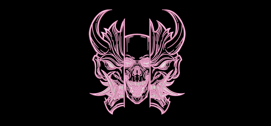 Japanese Oni Mask Split Skull Machine Embroidery Design - Cyberpunk Hannya Demon Patch Digital File