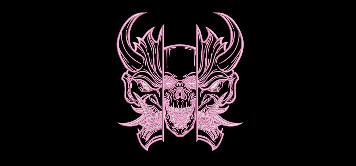Japanese Oni Mask Split Skull Machine Embroidery Design - Cyberpunk Hannya Demon Patch Digital File