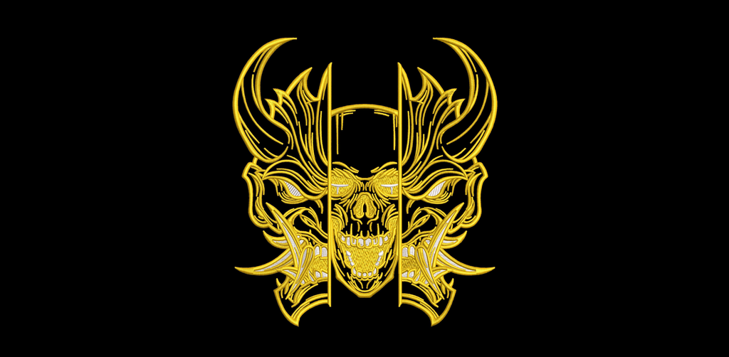 Japanese Oni Mask Split Skull Machine Embroidery Design - Cyberpunk Hannya Demon Patch Digital File