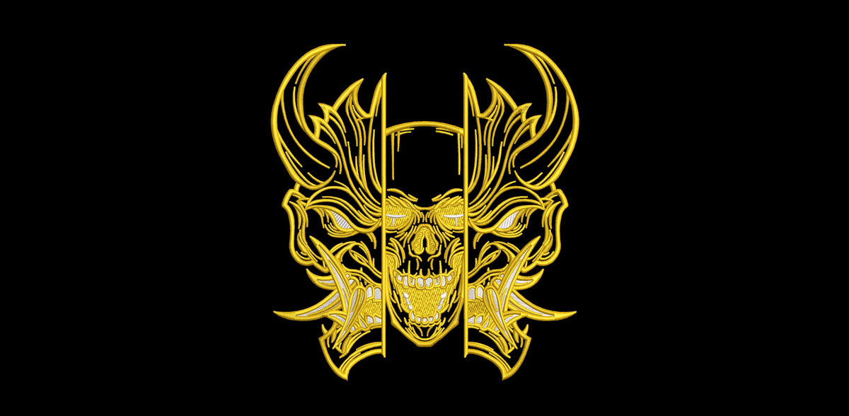 Japanese Oni Mask Split Skull Machine Embroidery Design - Cyberpunk Hannya Demon Patch Digital File