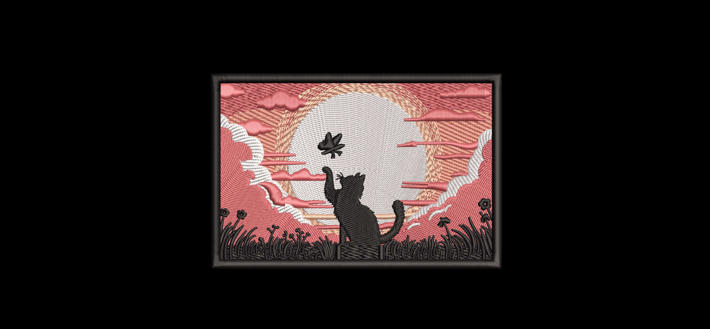 Black Cat and Butterfly Sunset Landscape Machine Embroidery
