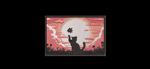 Black Cat and Butterfly Sunset Landscape Machine Embroidery